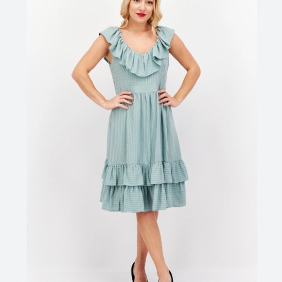 Calvin Klein Pistachio Green Textured Ruffle Fit & Flare Sundress V-Neck Size 14 - Picture 1 of 6